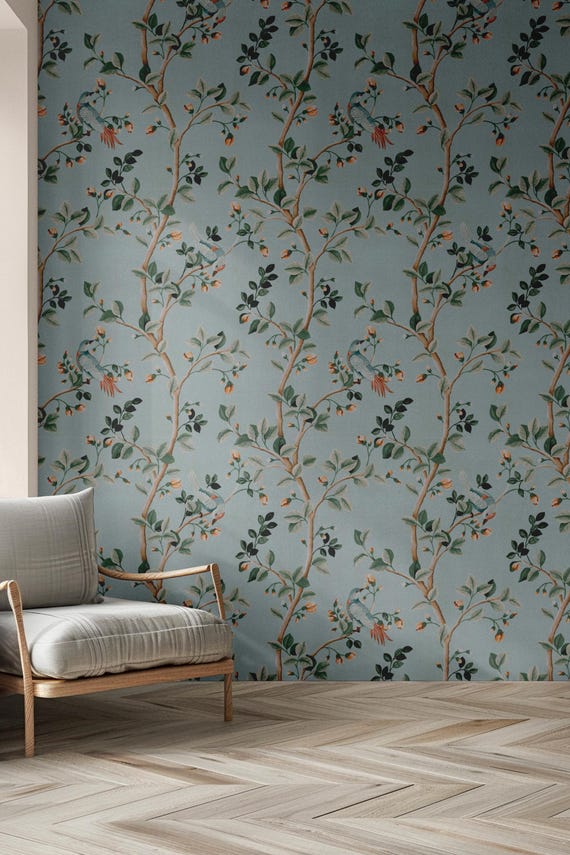 Avignon Chinoiserie Wallpaper – Sage Green Botanical Mural with Birds, Blossoms Branches for Elegant Vintage Wall Decor