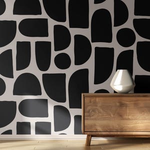 Elegant Modern Abstract Wallpaper, Black & White Geometric Wall Mural with Large Rounded Shapes for Kitchen, Bedroom, or Dining Room
