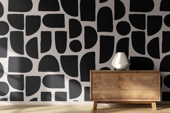 Elegant Modern Abstract Wallpaper, Black & White Geometric Wall Mural with Large Rounded Shapes for Kitchen, Bedroom, or Dining Room