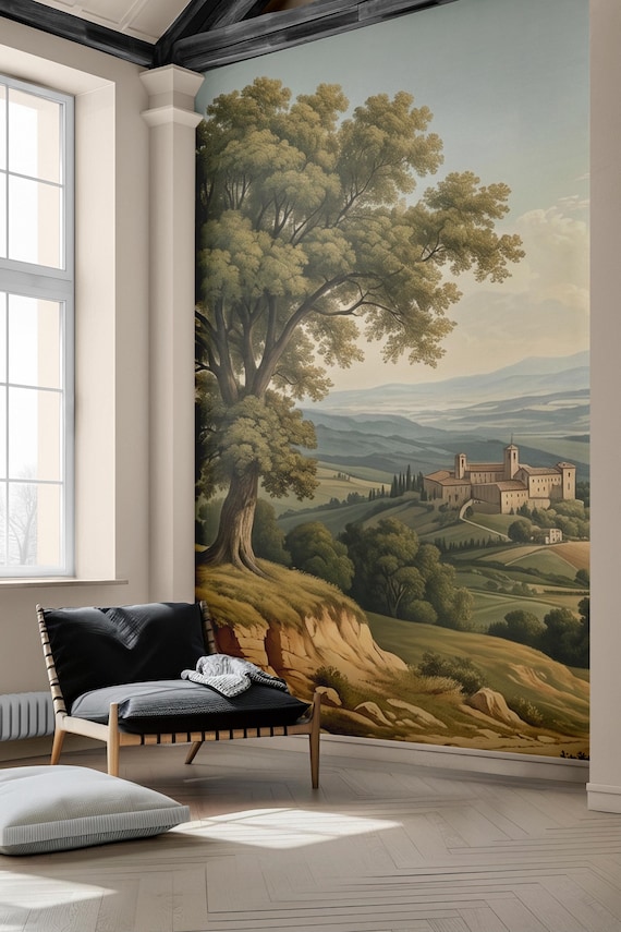 Vintage Farmhouse Landscape Wallpaper - Rolling Hills and Cypress Trees Wall Mural