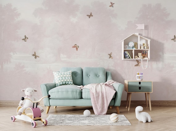 Pastel  Elegant Butterfly Nursery Wallpaper - Pink Forest Scenic Peel & Stick and Traditional Mural