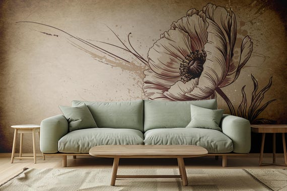 Vintage Poppy Flower Wallpaper - Floral Art Drawn on a Distressed Background, Traditional and Peel and Stick Wallpaper