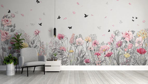 Pink Flower Garden Wallpaper, Elegant Hand Drawn Flower Wallpaper for Living Room, Kids Room, Traditional and Peel and Stick Wallpaper