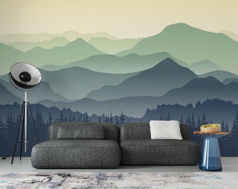 Papel pintado de montañas: Mural de árboles forestales, despegar y pegar