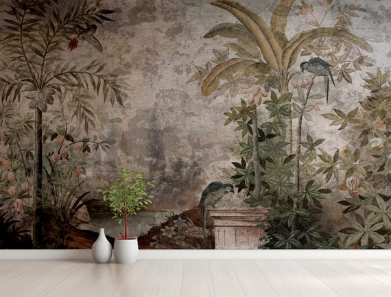 Antique Botanical Mural, Vintage Tropical Wallpaper with Parrots & Aged Texture, Traditional and Peel and Stick Wallpaper