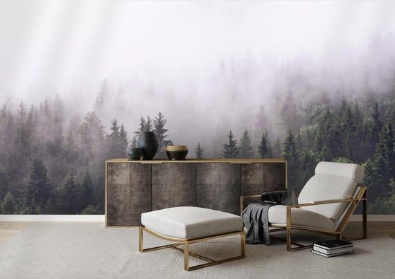 Misty Forest  Peel and Stick Wallpaper, Calm Green Pine Tree Wall Mural, Nature Landscape Wallpapers, Calm Misty Woodland Wallpaper