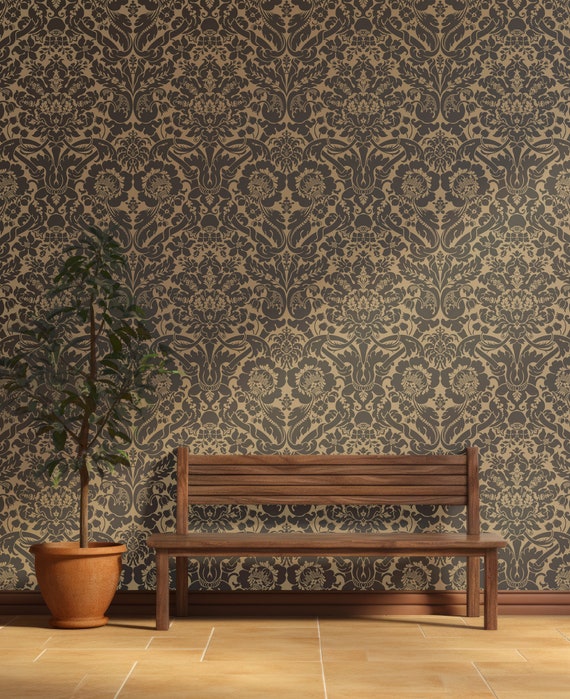 Gold and Black Patterned Baroque Style Home Decor, Vintage Pattern Wallpaper, Traditional and Peel and Stick Wallpaper
