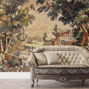 Landschafts-Tapisserie-Tapete, Vintage gewebte Wandbehang-rustikale Landschaftskunst, traditionelle und schalen und aufkleben Tapete
