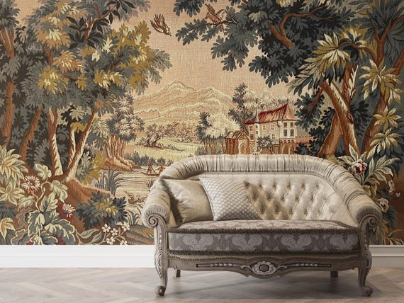 Landscape Tapestry Wallpaper, Vintage Woven Tapestry Wall Hanging Rustic Landscape Art, Traditional and Peel and Stick Wallpaper