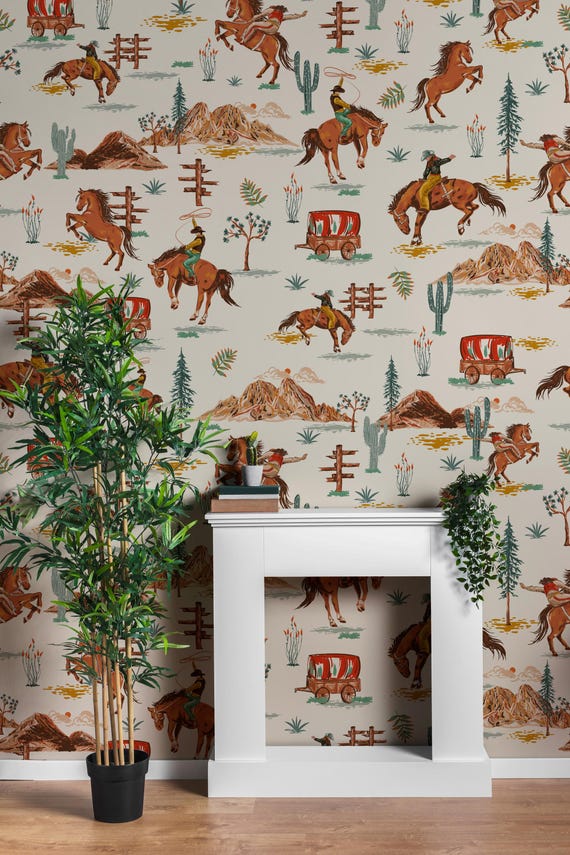 Western Cowboy Wallpaper Mural Featuring Rodeo Horses, Cactus, Desert Wagons, And Mountains – Vintage Wild West Themed Wall Decor