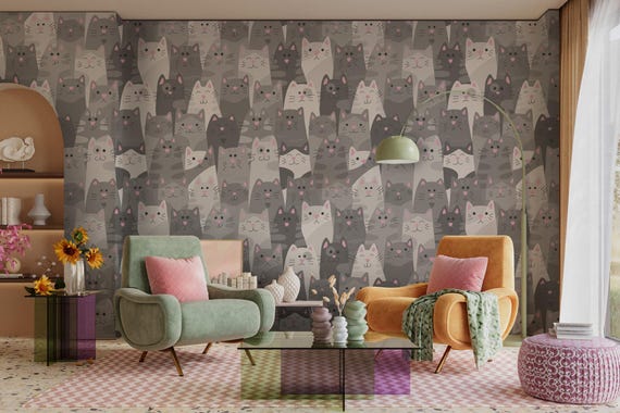 Cat Nursery Wallpaper - Cartoon Kitty Peel and Stick Wall Mural