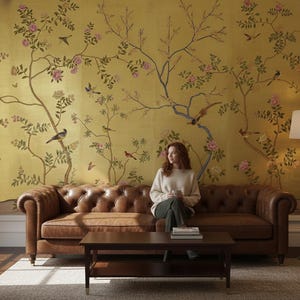 Yellow Chinoiserie Wallpaper Mural, Birds and Blossoms, Vintage Asian Decor