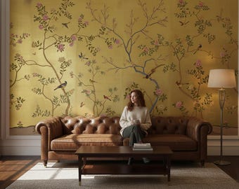 Yellow Chinoiserie Wallpaper Mural, Birds and Blossoms, Vintage Asian Decor
