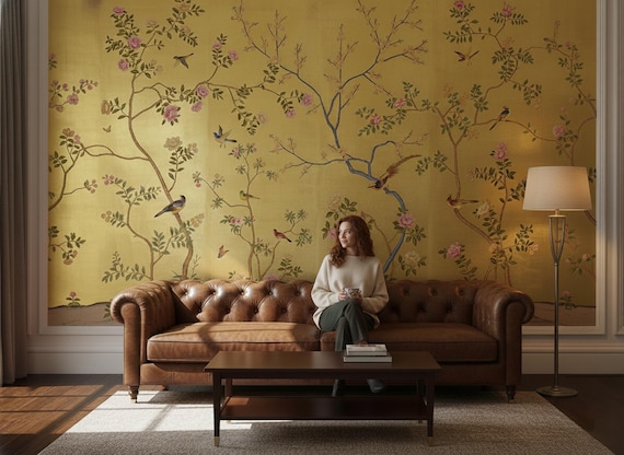 Yellow Chinoiserie Wallpaper Mural, Birds and Blossoms, Vintage Asian Decor