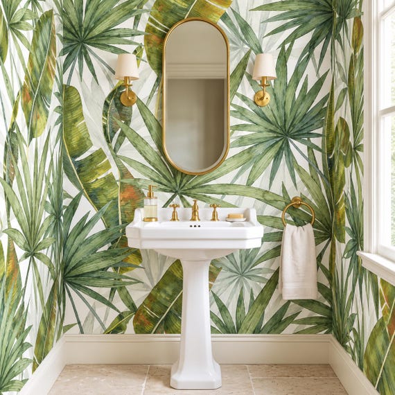 Watercolor Palm Leaves Wallpaper - Sage Green Tropical Mural, Banana Fronds Botanical Accent Wall
