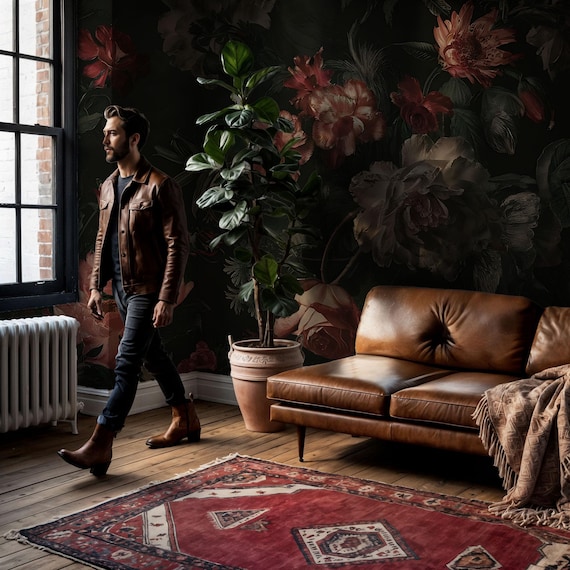 Dark Romantic Flowers Wallpaper - Botanical Peony and Rose Traditional and Peel & Stick Wall Mural