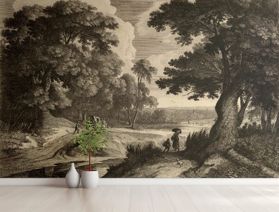 Antique Landscape Wallpaper, Peasants in the Forest, Vintage 18th Century Engraving, Traditional and Peel and Stick Wallpaper