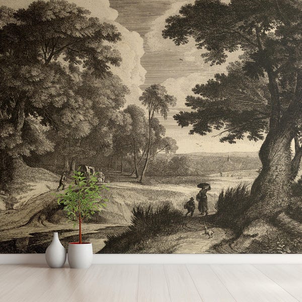 Antique Landscape Wallpaper: 18th Century Engraving, Peel and Stick