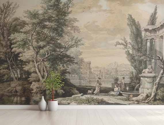 Vintage Inspired Neoclassical Landscape Wallpaper, Pastoral Art Scene with Columns, Nature & Classical Figures, Elegant Wall Decor Gift