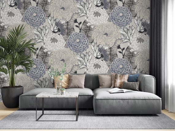 Elegant Blue Floral Wallpaper, Hand-Painted Chrysanthemums & Dahlias in Neutral Tones, Sophisticated Botanical Mural for Timeless Interiors