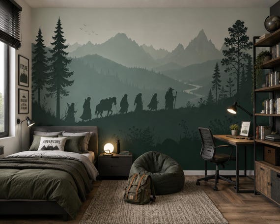 Fantasy Landscape Wallpaper - Wizard Adventure Mural, Walking Brotherhood Misty Forest Mountain Mural