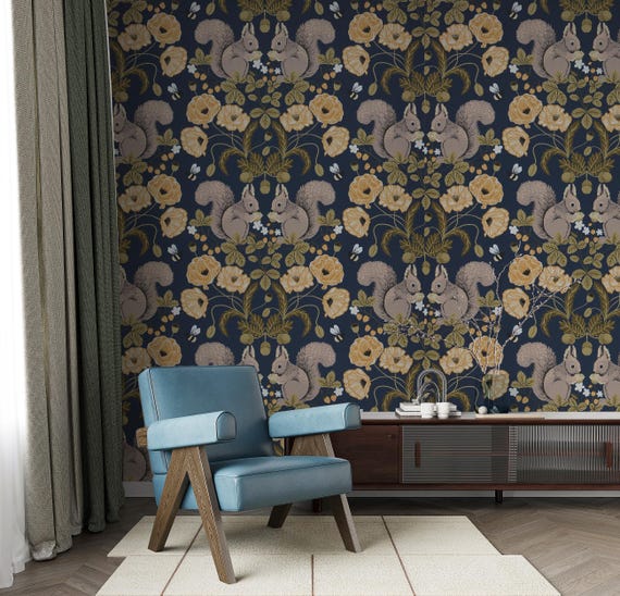 Dark Blue Squirrel Floral Wallpaper - Woodland Animals & Botanical Wall Mural