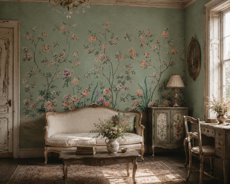 Green Floral Chinoiserie Wallpaper - Vintage Garden Rose Bird Peel and ...