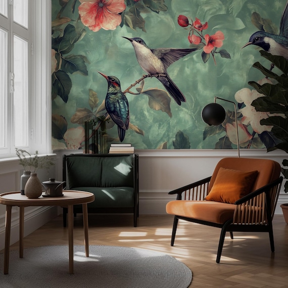 Watercolor Birds and Tropical Flowers Wallpaper, Vintage Elegant Nature Inspired Floral Wall Decor, Cottagecore Walpaper, Custom Wallpapers