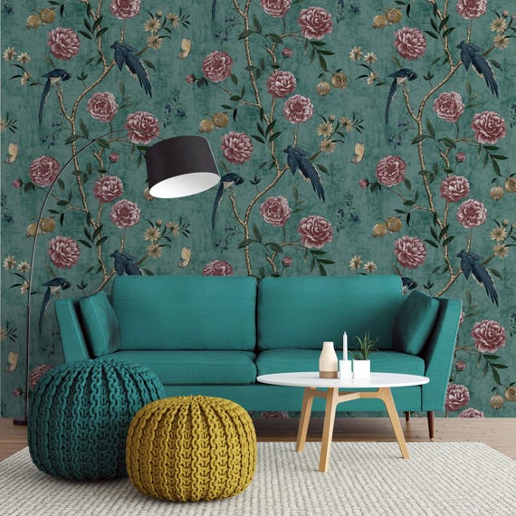 Vintage Floral Bird Wallpaper Mural, Peony Flowers and Pomegranate Branches, Chinoiserie Botanical Wall Art in Teal Green Background