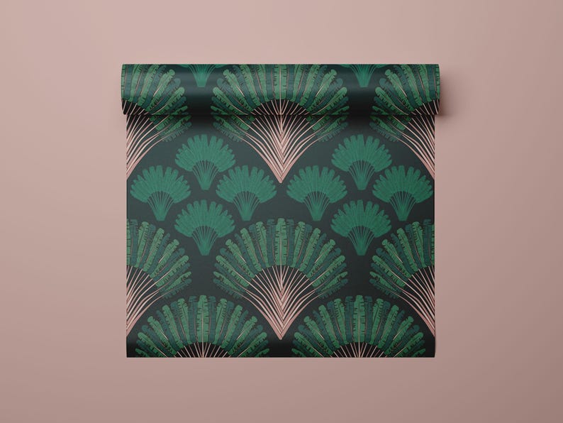 Art Deco Palm Leaf Wallpaper Mural: Dark Green Tropical Wall Decor - Etsy