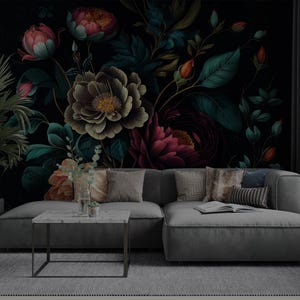 Dark Floral Wallpaper Mural, Moody Vintage Flower Wall Art with Peony Blooms, Elegant Black Background Botanical Wall Decor