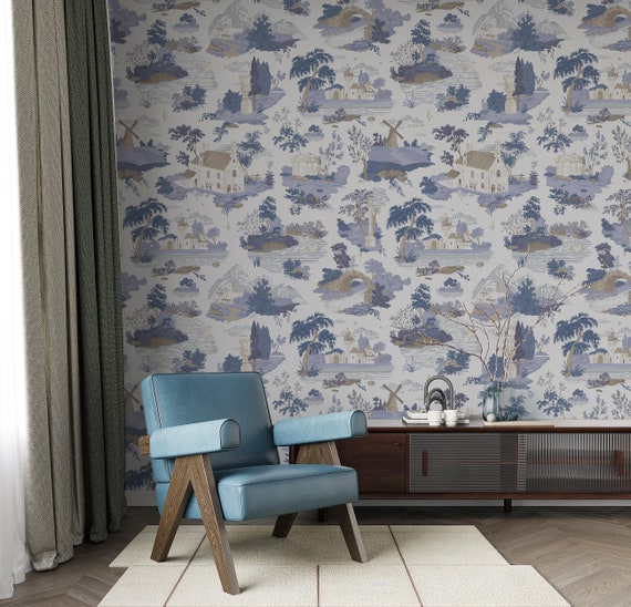 Vintage Toile de Jouy Wallpaper, French Cottagecore Wall Decor, Traditional and Peel and Stick Wallpaper