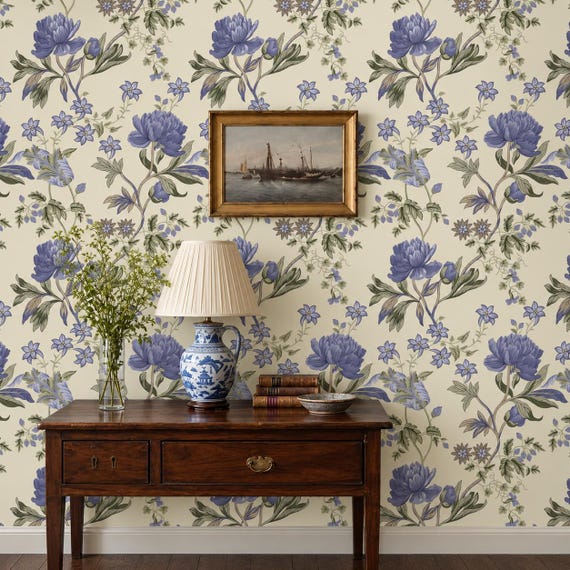 Blue Peony Wallpaper | Vintage Floral Trail Mural | Cream Botanical Peel and Stick | Cottage Decor