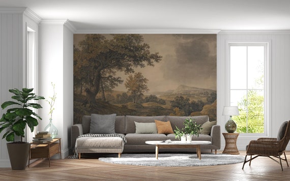 Vintage Landscape Watercolor Wallpaper, Scenic Wall Mural, Traditional and Peel and Stick Wallpaper