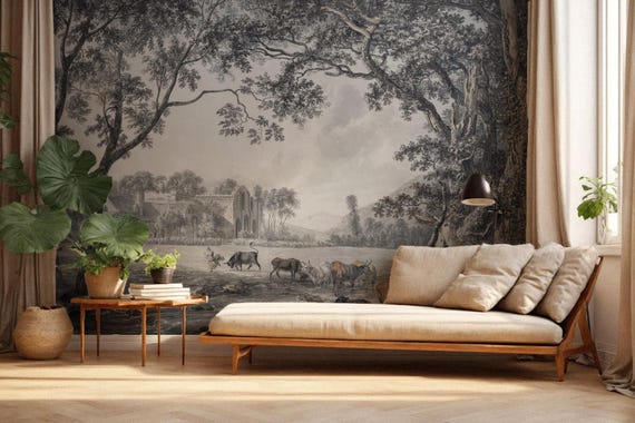 Pastoral Landscape Wallpaper,  Valle Crucis Abbey, with Cows and Ruins, Classic English Countryside Style for Vintage Farmhouse Wall Decor