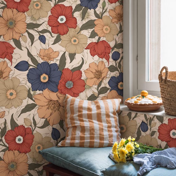 Retro Boho Floral Wallpaper - Terracotta Navy Wildflower Mural, Mid Century Decor