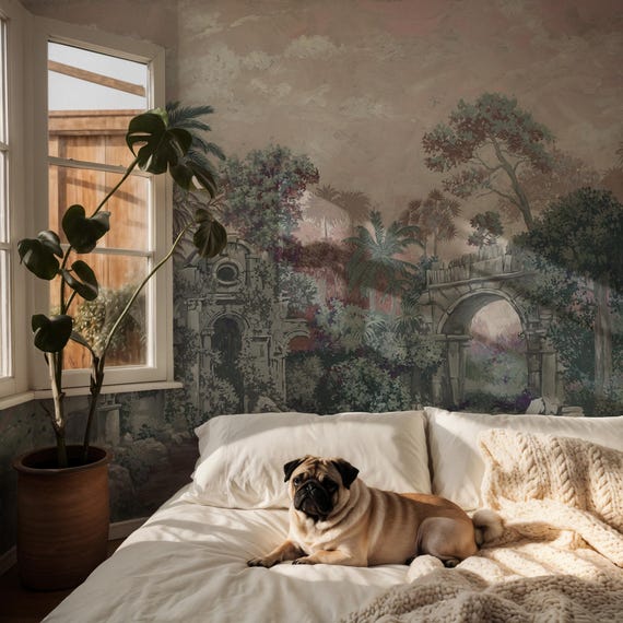 Ancient Ruins Wallpaper, Palm Trees And Archway, Vintage Landscape Traditional Wall Art