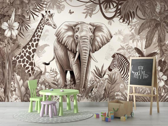 Safari Themed Forest Wallpaper Mural, Sepia Toned Tropical Animals Wall Art, Elephant Giraffe Zebra Wall Decor, Kids Room Safari Wall Mural