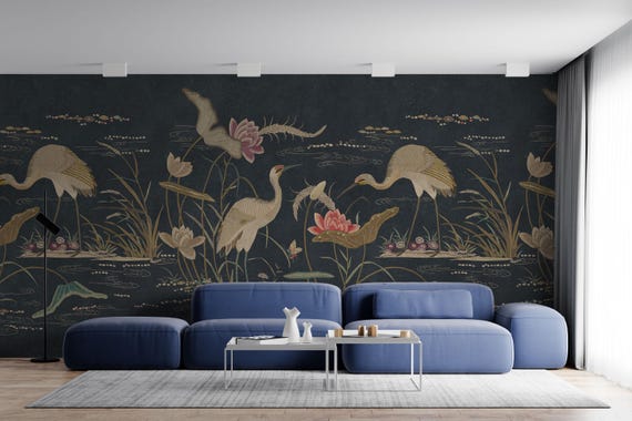 Japanese Crane and Lotus Flower Wallpaper, Vintage Asian Botanical Bird Wall Mural, Water Landscape Oriental Nature Scene Home Decor