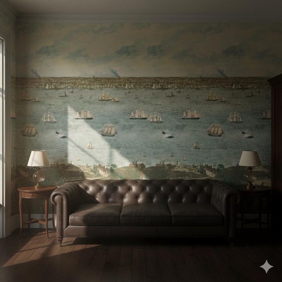 Vintage Nautical Wallpaper Mural: Sailing Ships & Harbor Scene Peel and Stick