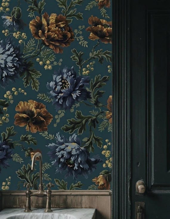 Dark Floral Peony Wallpaper - Vintage Moody Poppy Flower Pattern Wall Mural