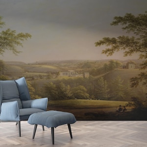 Vintage Pastoral Countryside Cottage View Wallpaper, Classical Trees in Soft Earthy Tones for Elegant Wall Decor, Landscape Wall Mural
