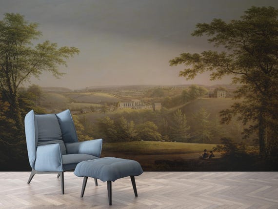 Vintage Pastoral Countryside Cottage View Wallpaper, Classical Trees in Soft Earthy Tones for Elegant Wall Decor, Landscape Wall Mural