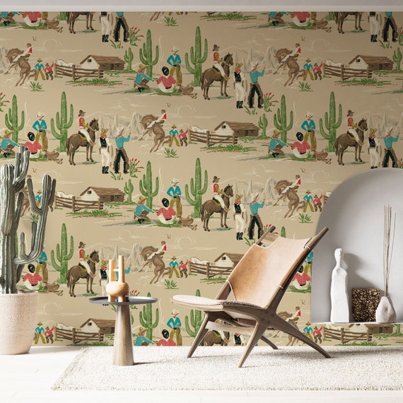 Wild West Cowboy Themed Wallpaper, Western Aesthetic Wallpaper, Cactus Wall Decor, Traditional and Peel and Stick Wallpaper