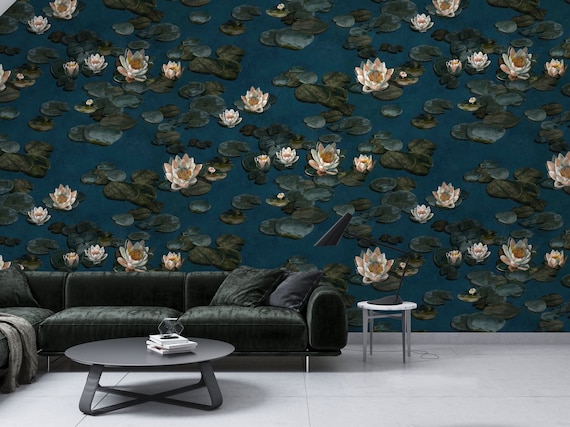 Water Lilies and Leaves Blue Wallpaper, Lagoon Themed Home Decor, Water Lilies Wall Art, Traditional and Peel and Stick Wallpaper