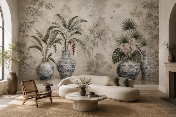Chinoiserie Vase Wallpaper - Blue and White Porcelain Botanical Peel and Stick Mural
