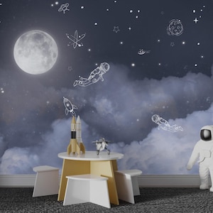 Murale spaziale con astronauta al chiaro di luna, sfondi con cielo notturno con luna e stelle, sfondi a tema spaziale, carta da parati tradizionale e stacca e attacca