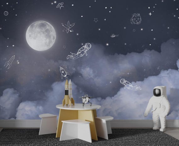 Astronaut in Moonlight Space Mural, Moon and Stars Night Sky Wallpapers, Space Themed Wallpapers, Traditional and Peel and Stick Wallpaper