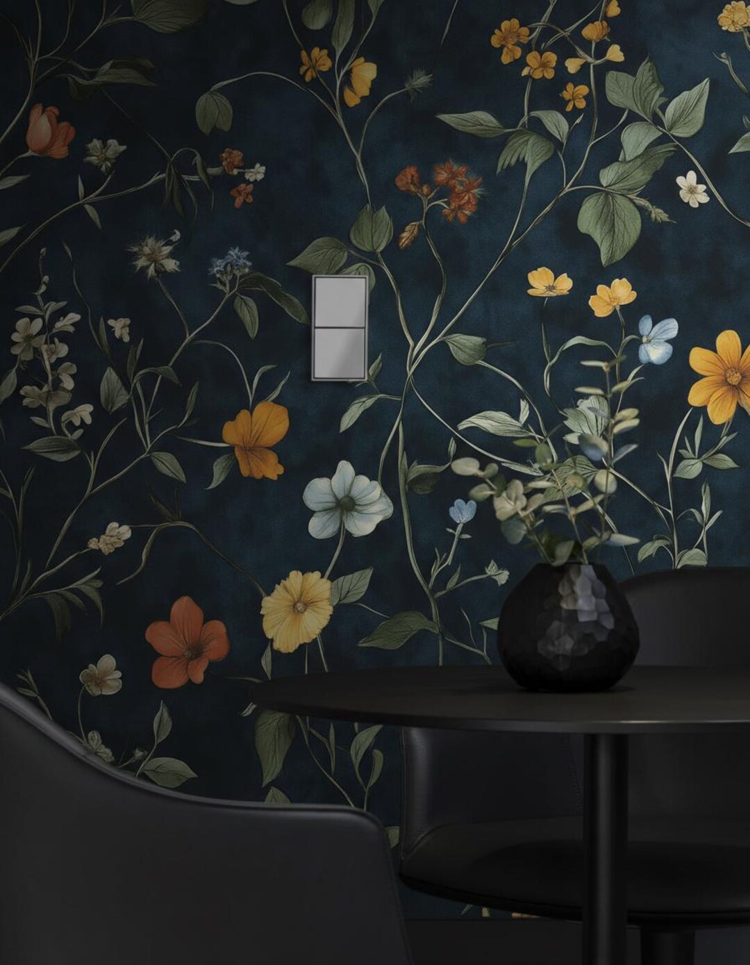 Dark Botanical Floral Wallpaper - Vintage Wildflower on Navy Blue Peel ...