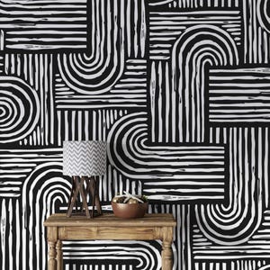 Sfondi geometrici con linee artistiche, carta da parati moderna astratta in bianco e nero, motivo monocromatico audace, arredamento grafico contemporaneo per la casa